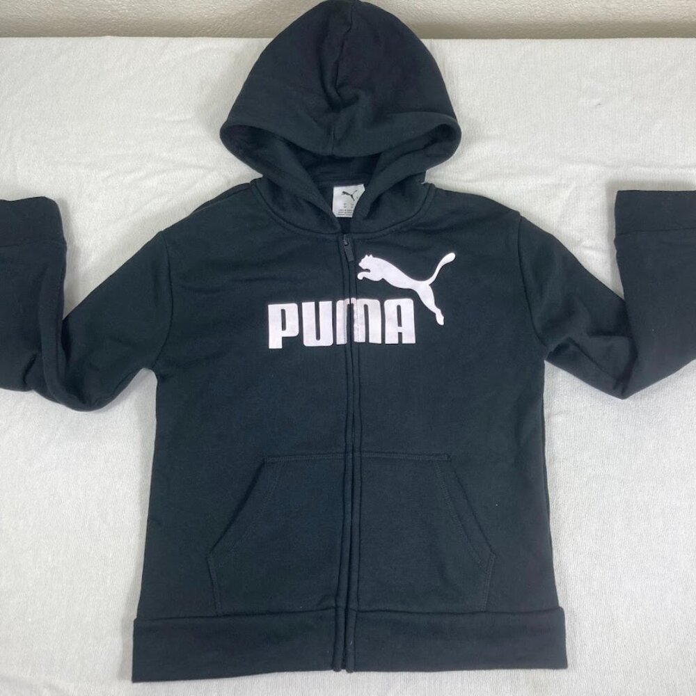 NWOT - Puma Youth Zip-Up Hoodie Black Logo Front Full Zip Boys Size M